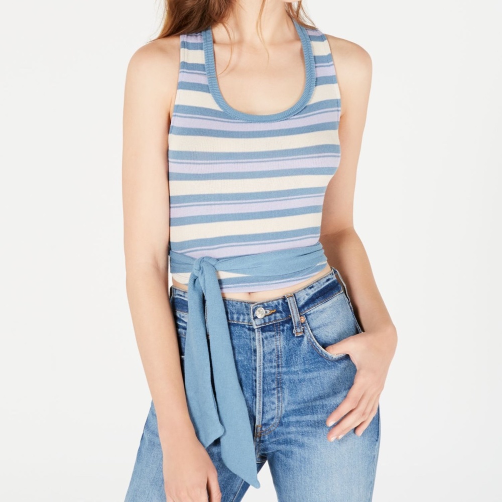 We the Free by Free People Gray Tie Back Striped Sleeveless Scoop Neck Tank sz M
